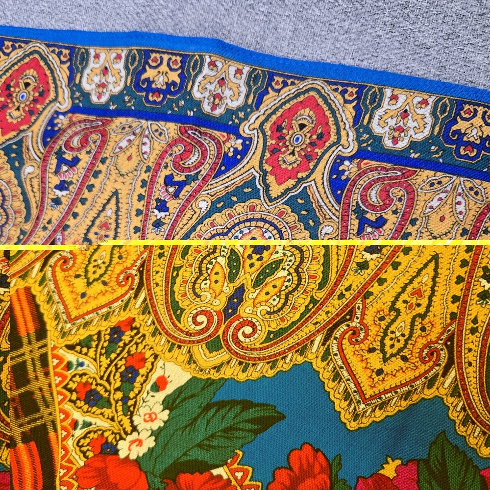 Echo 100% Wool Scarf 34" Square Floral Paisley Plaid Challis Blue Multicolor NWT - Picture 12 of 12